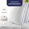 A close-up marketing image of two white pillows with blue trim, placed on a white quilted surface. There are three circular icons with text below them on the left side of the image. Produktbild-Vorschau