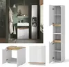 A collage of images showcasing a modern bathroom furniture set, including a tall cabinet and a vanity unit, in a bathroom setting and as individual product shots. Náhled obrázku produktu