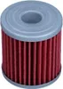 A close-up studio shot of a cylindrical oil filter with red pleated filter material and gray end caps. Produktbild-Vorschau