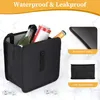 A black foldable car trash can filled with bottles and cans, placed on a marble-like surface with ice cubes around it. Inset images highlight the waterproof lining and leak-proof bottom. Produktbild-Vorschau