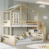 A children's bunk bed shaped like a house, with a lower bed and an upper bed, and stairs leading up to the top bunk. The room is decorated with soft colors and stuffed animals. Anteprima dell’immagine prodotto