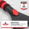 Close-up of a black and red snow brush with text overlays and a product award badge. Náhľad obrázku produktu