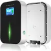 A wall-mounted EV charging station is shown, with its front panel displaying charging information and a green light strip. The back of the unit, showing mounting points, is also visible. Produktbild-Vorschau