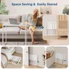A collage showing a woman using a white folding table in a living room, and various scenarios of the table being stored compactly. Produktbild-Vorschau