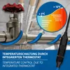 A close-up of a pipe with a heating cable and a thermostat, with a diagram explaining temperature control. Produktbild-Vorschau