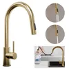A collage of images showing a gold kitchen faucet, including close-ups of its spray functions and a lifestyle shot of it being used in a kitchen. Produktbild-Vorschau
