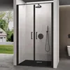 A modern shower enclosure with black framing and clear glass doors, set against a light gray tiled wall and a brown wall, with a view of a house and garden through a side opening. Produktbild-Vorschau