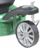 A close-up of a green lawnmower wheel and part of its body. Produktbild-Vorschau
