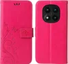 A pink flip phone case with floral and butterfly embossing on the front cover and a camera cutout on the back cover. Produktbild-Vorschau
