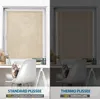 A split image showing two different types of blinds on a window, with cats sitting on chairs in front of the window in each half. The left side shows a standard blind with 70% light permeability, and the right side shows a thermo blind with 100% blackout. Produktbild-Vorschau