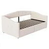 A beige upholstered daybed with a slatted mattress base, shown from a three-quarter angle. Produktbild-Vorschau