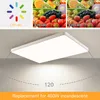 A rectangular LED ceiling light is shown mounted on a ceiling, with a diagram illustrating its light spread and text indicating its replacement capability for incandescent bulbs. Produktbild-Vorschau