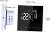 A digital thermostat is shown with dimensions and a close-up of its display. Podgląd zdjęcia produktu