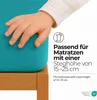 A child's hand rests on a teal-colored fitted sheet, indicating its softness and fit. Text overlays provide product specifications. Náhľad obrázku produktu
