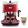 A red DeLonghi espresso machine with two cups of espresso and one cup of cappuccino. Podgląd zdjęcia produktu