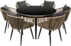 A dining set with a round table and six chairs, set against a white background. Produktbild-Vorschau