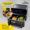 A black dual-chamber air fryer is shown with food inside, and a circular inset image of two people toasting with wine. Produktbild-Vorschau