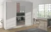Modern white wardrobe with mirrored doors reflecting a living room scene. Náhled obrázku produktu