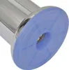 A close-up view of the bottom of a chrome furniture leg with a blue rubber foot. Náhled obrázku produktu
