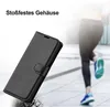A black flip case for a phone is shown in the foreground, with a blurred background of a person running. Produktbild-Vorschau