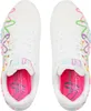 A top-down view of a pair of white Skechers sneakers with colorful abstract designs. Anteprima dell’immagine prodotto