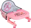 A pink doll high chair with a tray and a patterned fabric seat. Produktbild-Vorschau