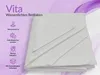 A folded white sheet with text overlays and icons on the left side, set against a gradient purple and white background. Produktbild-Vorschau