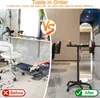 A split image comparing a messy salon station with a clean, organized one. Voir les images du produit