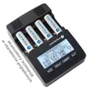 A black battery charger with four AA batteries inserted, displaying information on its LCD screen. Anteprima dell’immagine prodotto