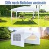 A collage of two images showing a white gazebo in different settings. The top image shows it in a garden with a table and chairs, and the bottom image shows it in an urban park with city buildings in the background. Produktbild-Vorschau