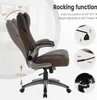 A brown office chair is shown in a studio setting with graphics highlighting its features. Produktbild-Vorschau