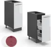 Two kitchen cabinets are shown, one closed and one with its drawers pulled out, against a white background. Two circular color swatches are also visible in the foreground. Produktbild-Vorschau