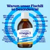 A bottle of Arctic Blue Omega-3 fish oil is shown with text highlighting its features and benefits. Produktbild-Vorschau