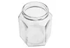 An empty, clear glass jar with a hexagonal base and a threaded opening at the top, presented on a white background. Produktbild-Vorschau