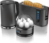 A set of kitchen appliances including a kettle, toaster, and egg cooker, displayed on a reflective white surface. Voir les images du produit