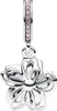A silver flower charm with pink accents, hanging from a bail. Produktbild-Vorschau