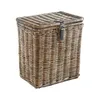 A wicker laundry basket with a lid and a leather strap closure, shown against a white background. Podgląd zdjęcia produktu