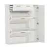 A white shoe cabinet with two drawers and three flip-down shoe compartments, each with a gold handle. The cabinet doors are open, revealing the interior shelves. Produktbild-Vorschau