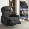 A dark gray recliner chair with a footrest extended, shown in a living room setting with a bookshelf in the background. Inset images highlight the chair's padding and a cup holder. Náhľad obrázku produktu