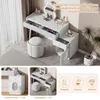 A collage of images showing a white vanity table with a LED mirror, drawers, and a separate cabinet, along with icons representing cosmetics, perfumes, and jewelry. Podgląd zdjęcia produktu