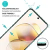A close-up view of a smartphone screen protector being applied to a phone, with marketing text and graphics indicating its features. Produktbild-Vorschau