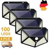 A group of four solar-powered LED lights with motion sensors, presented with marketing text and a DHL logo. Produktbild-Vorschau