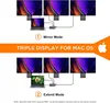 Diagrams showing how to set up a triple display for Mac OS in mirror and extend modes. Produktbild-Vorschau