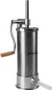 A stainless steel vertical sausage stuffer with a wooden handle and a clear plastic nozzle, shown against a white background. Produktbild-Vorschau