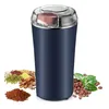 A navy blue electric grinder is shown with various ingredients like coffee beans, spices, and grains displayed around it. Produktbild-Vorschau