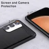 Close-up of a black phone case with carbon fiber accents, highlighting screen and camera protection. Produktbild-Vorschau