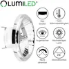 A product shot of a LUMILED LED bulb with accompanying feature icons and text. Produktbild-Vorschau