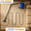 A blue vacuum cleaner with a black hose and nozzle is laid out on a beige carpet, demonstrating its reach with the hose and power cord arranged in a serpentine pattern. Text overlays highlight its features. Produktbild-Vorschau