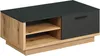 A modern coffee table with a dark top and a drawer, and a wooden base with open shelves. Voir les images du produit