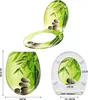 A collage of images showing a toilet seat with a bamboo and stone design, including dimensions. Produktbild-Vorschau